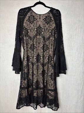 Reba Size 14 Black Lace Bell-Sleeve Dress with Nude Lining